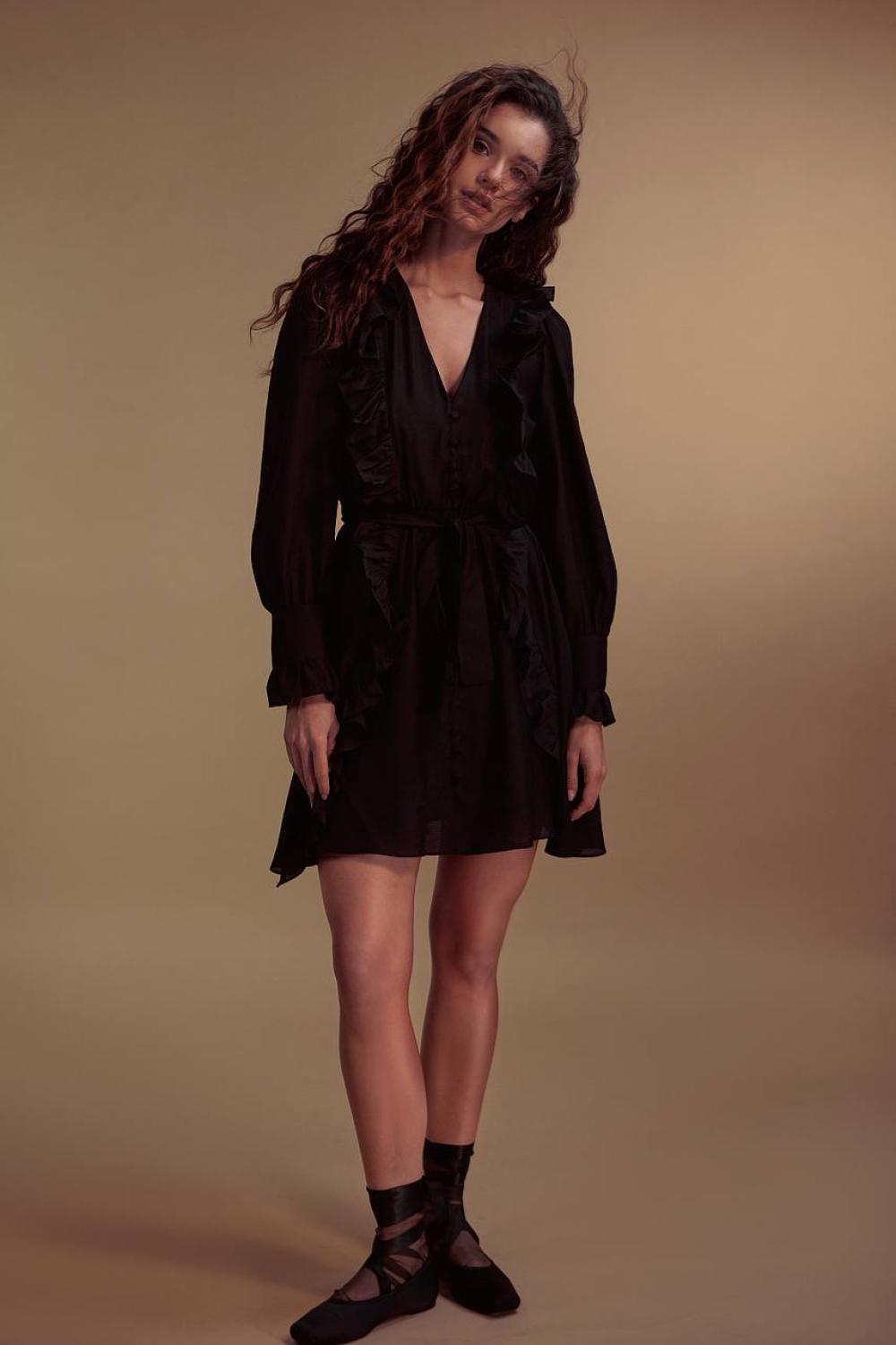 Women's black mini dress with ruffles STIMMA