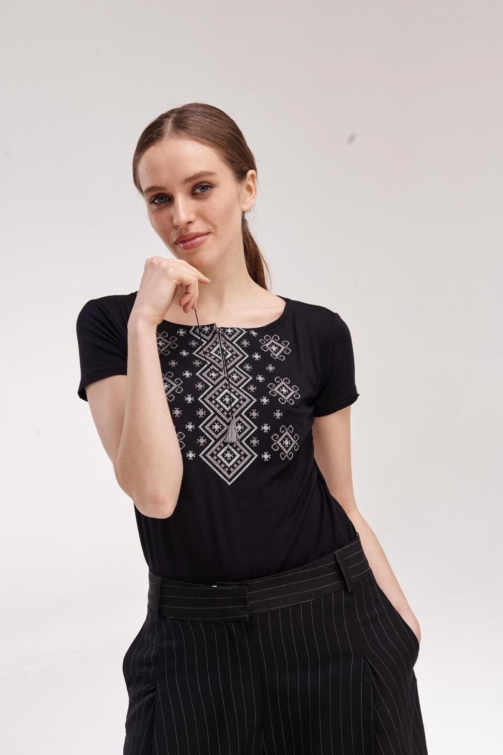 Embroidered women's t-shirt black Carpathian ornament MEREZHKA