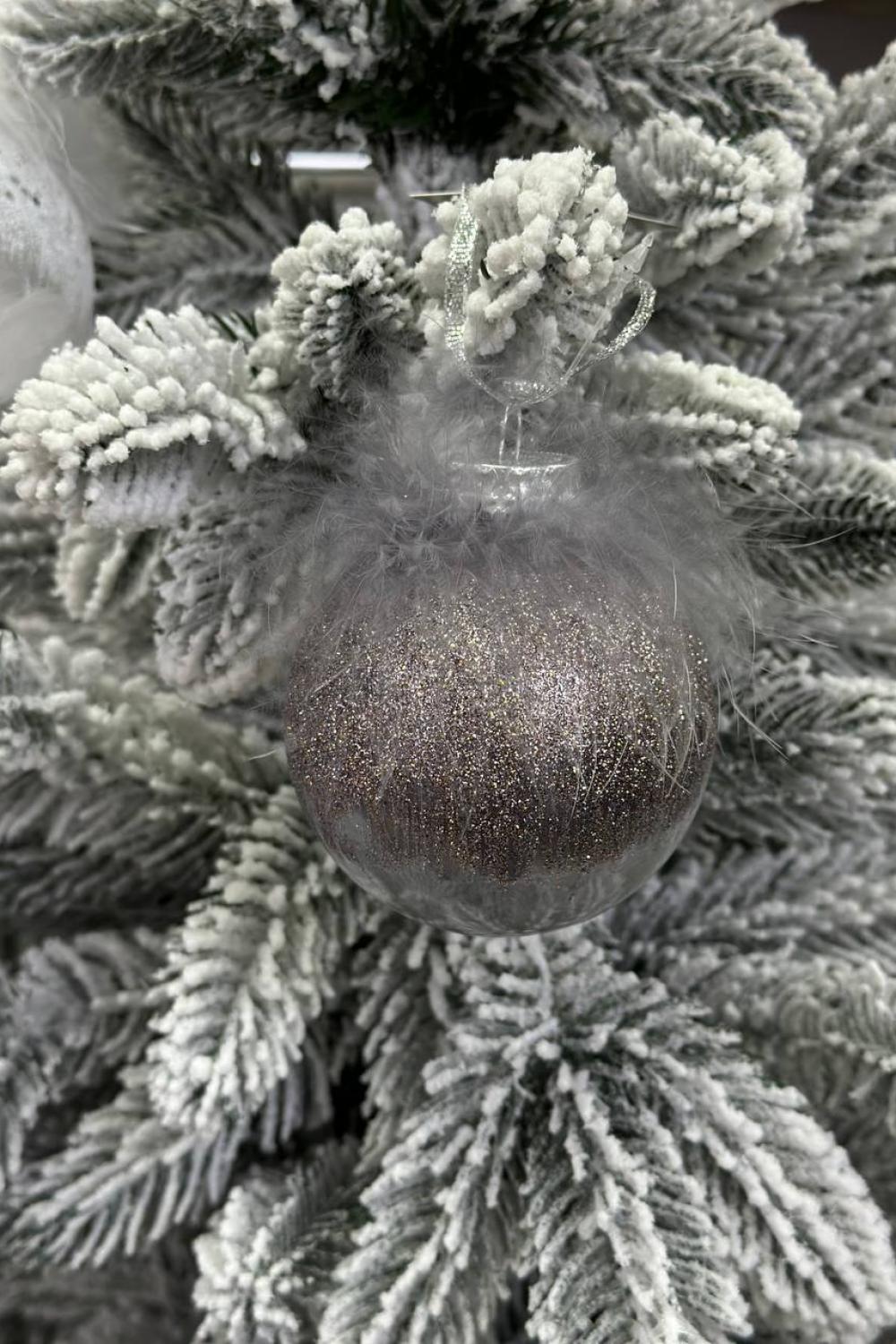 Christmas tree ball 8 cm, transparent in graphite tones of fluff and feather decor
