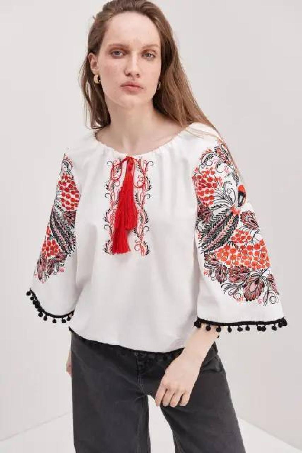 Women's embroidered shirt, white with red embroidery, Petrykivka style