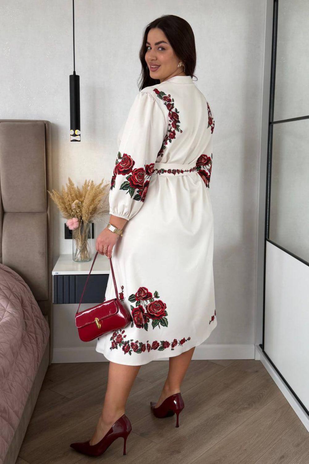 Milky-white embroidered dress with large red roses 479