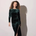 Green velor dress with a slit