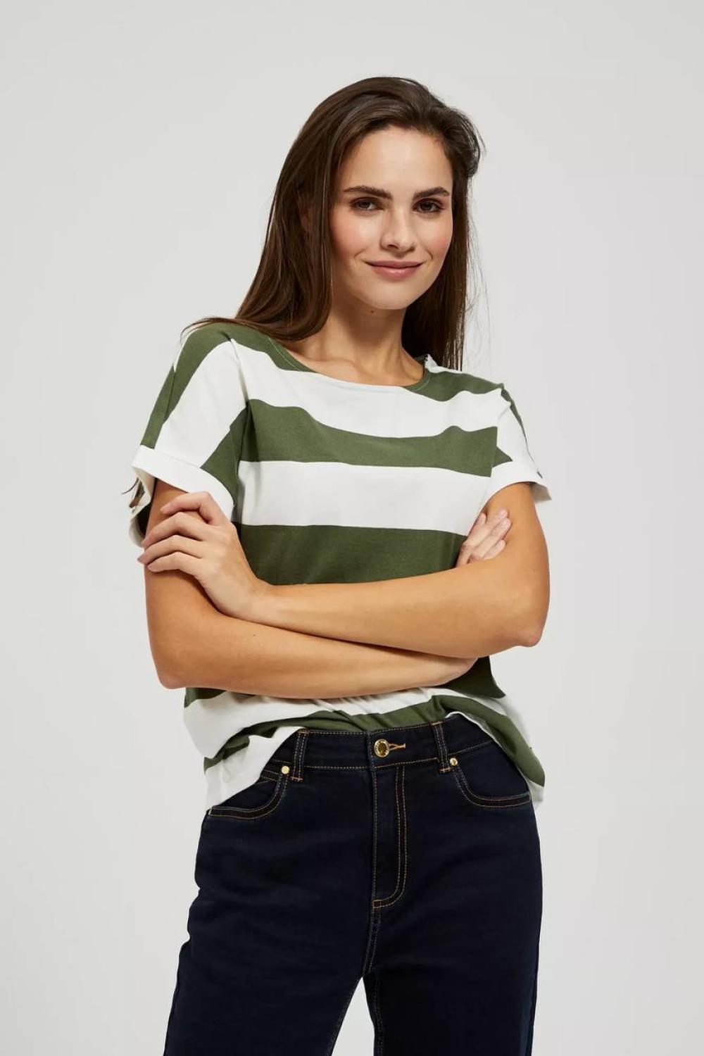 Cotton T-shirt green with white stripes MOODO