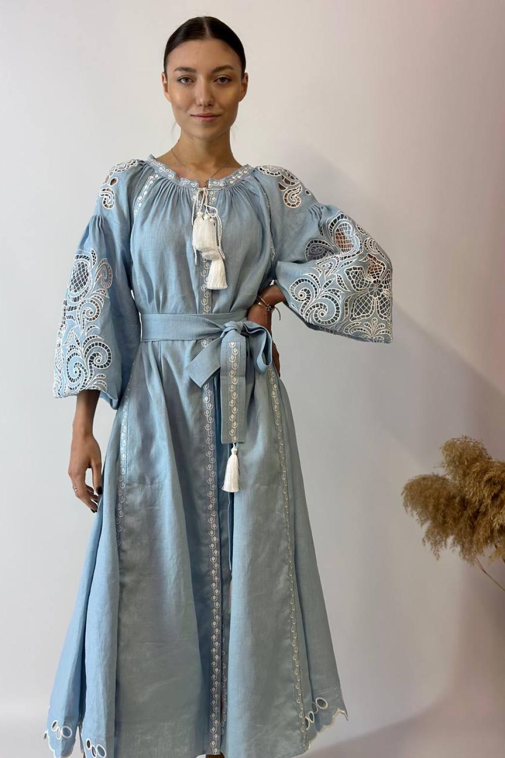 Embroidered women's linen Richelieu blue EMBROIDEREDGEM dress