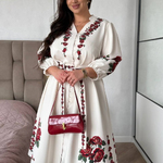 Milky-white embroidered dress with large red roses 479
