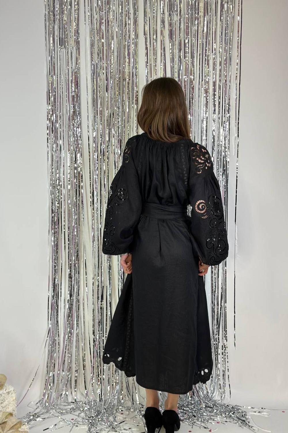 Embroidered GEM women's black Richelieu linen dress