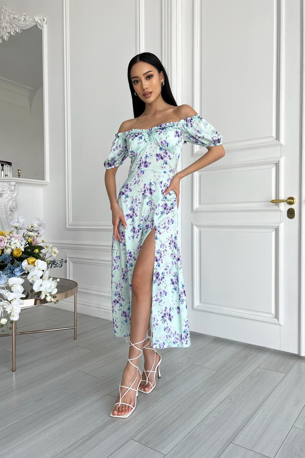 Larionoff mint dress with purple copper flowers