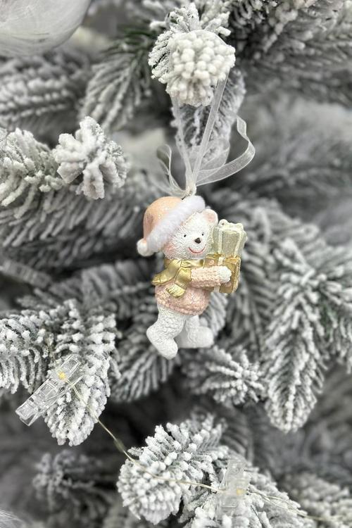 New Year's hanging toy / Teddy bear with a gift. 8 cm