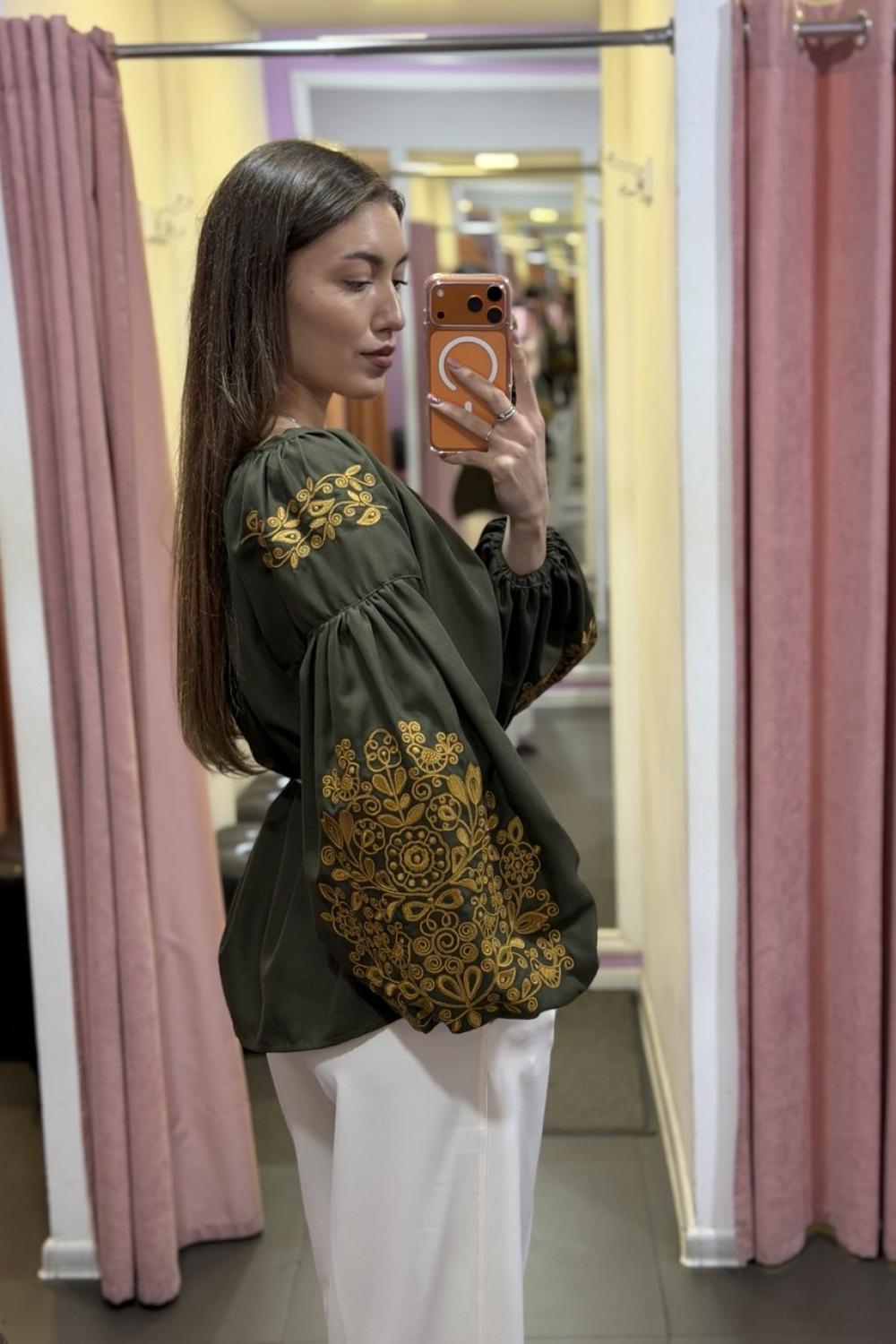 Women's khaki embroidered shirt with gold embroidery “NADIA”