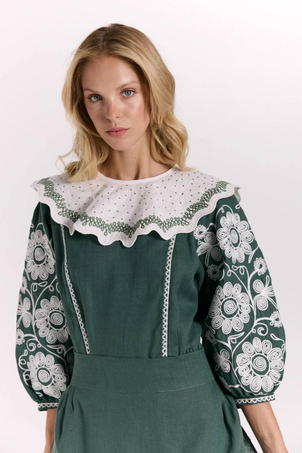 Khrystyna's embroidered dress of the author's work in emerald color