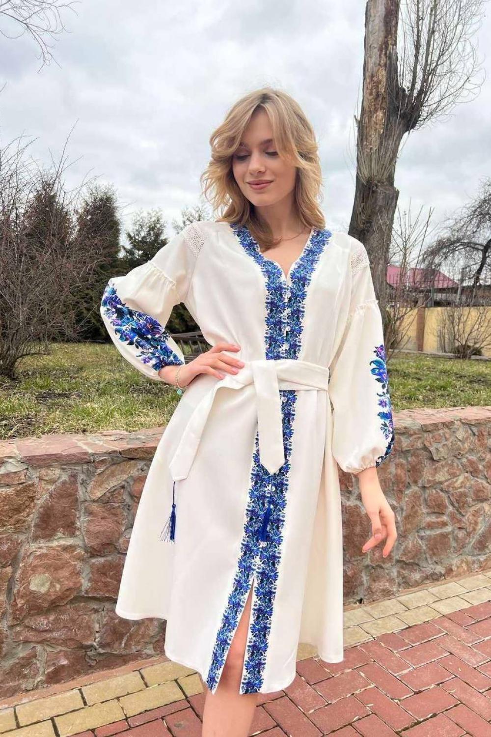 Embroidered dress women's white with blue flowers HARDY