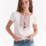 Women's white embroidered T-shirt with red “Hutsulka” pattern