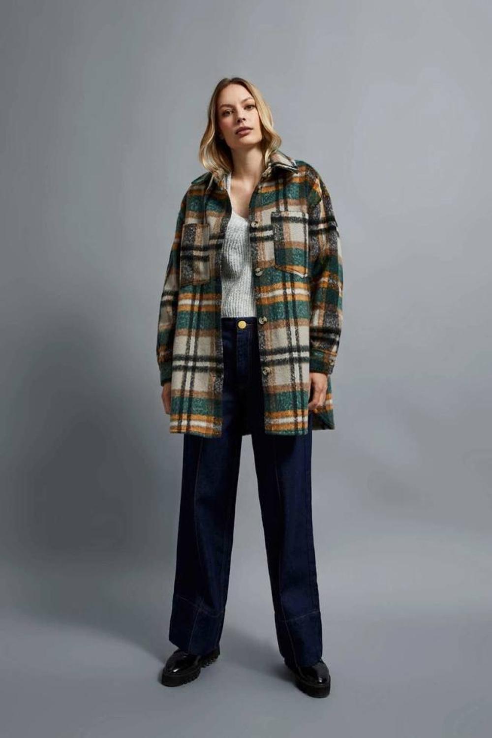 Beige checked shirt jacket