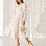 Midi dress in ecru color with premium satin
