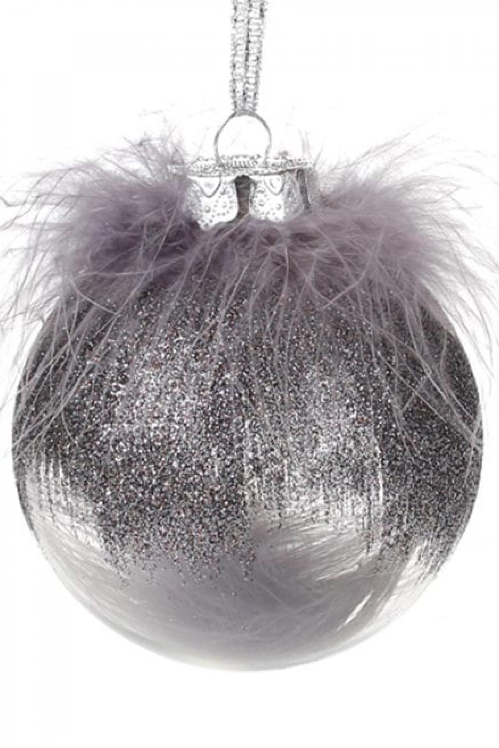 Christmas tree ball 8 cm, transparent in graphite tones of fluff and feather decor