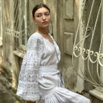 Women's white linen embroidered dress with silver embroidery Ceremonial EMBROIDERED GEM