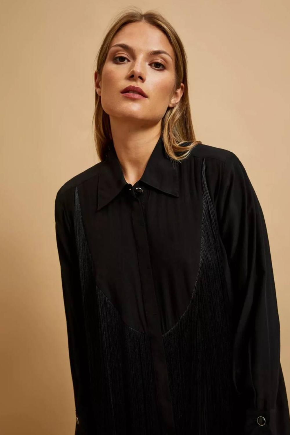 A black viscose shirt with a decorated collar