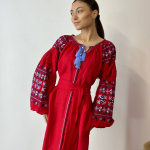Women's red linen embroidered dress Solomia EMBROIDERED GEM