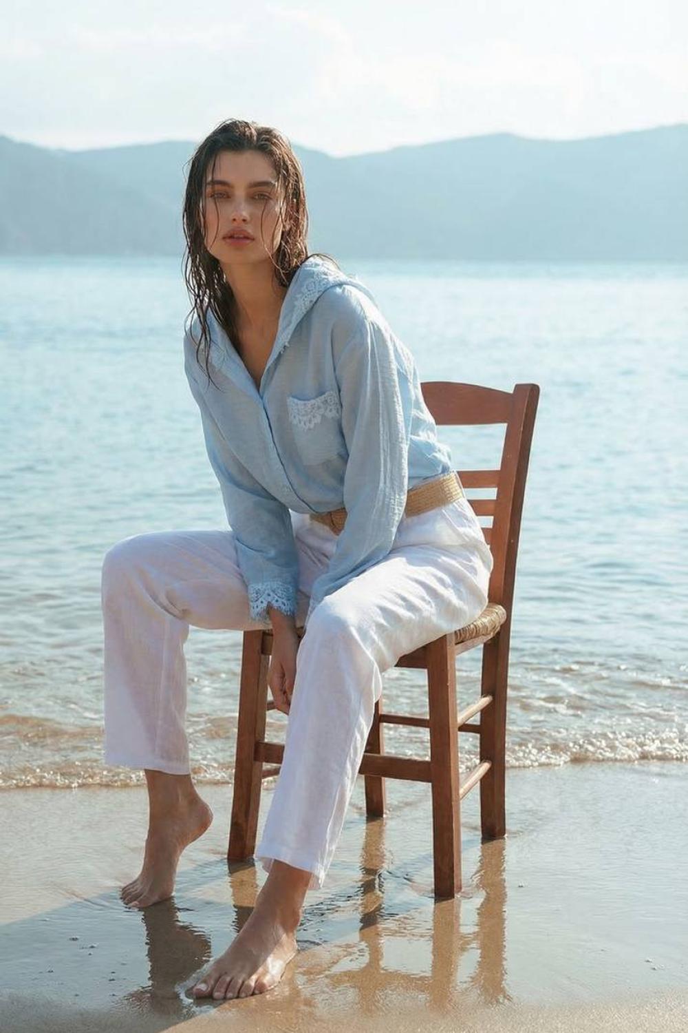 Women's light blue blouse with lace 6860