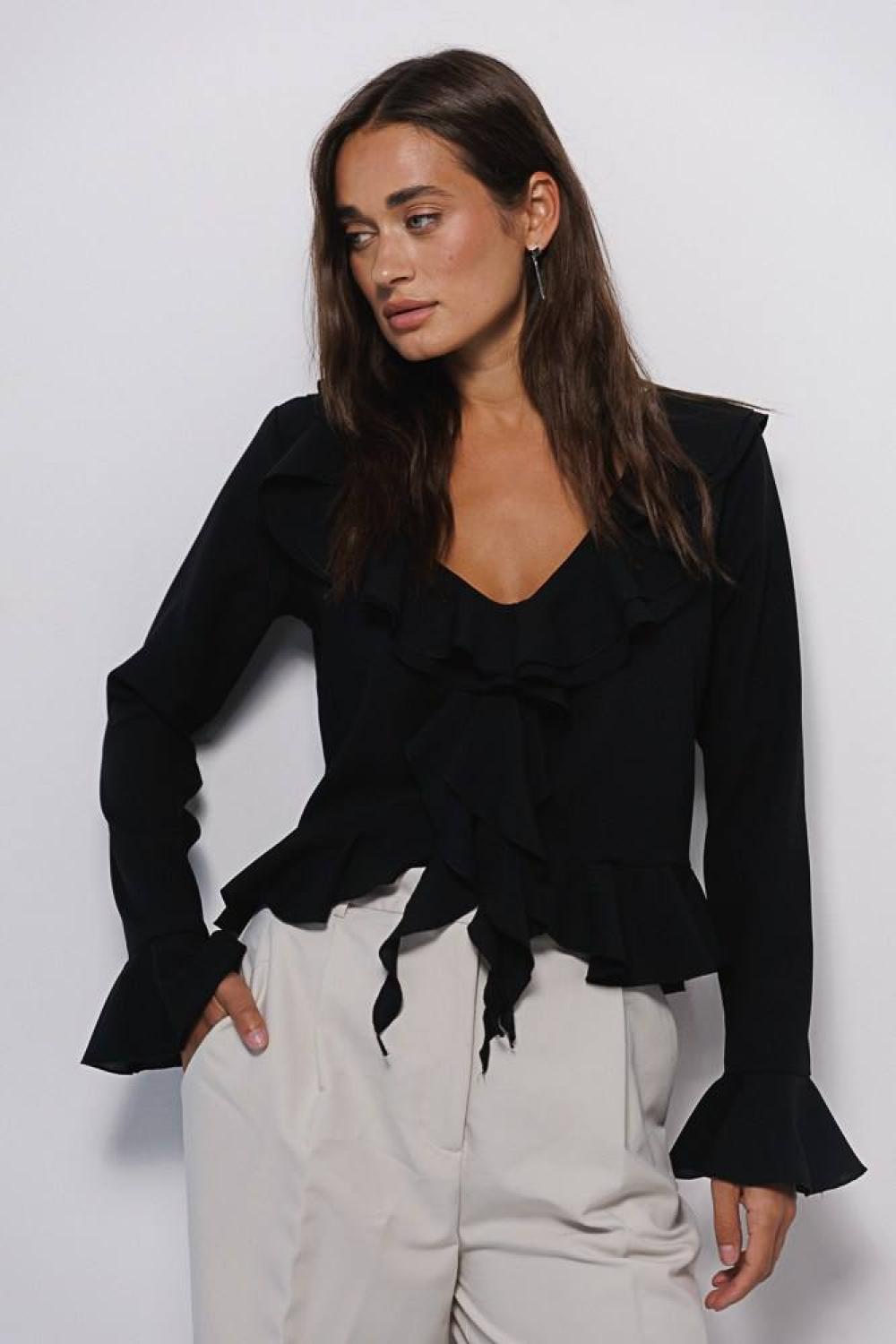 Black chiffon blouse with frills