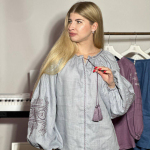 Embroidered women's gray-blue shirt of the author's work