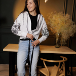 Women's white embroidered shirt with black embroidery ZIRA