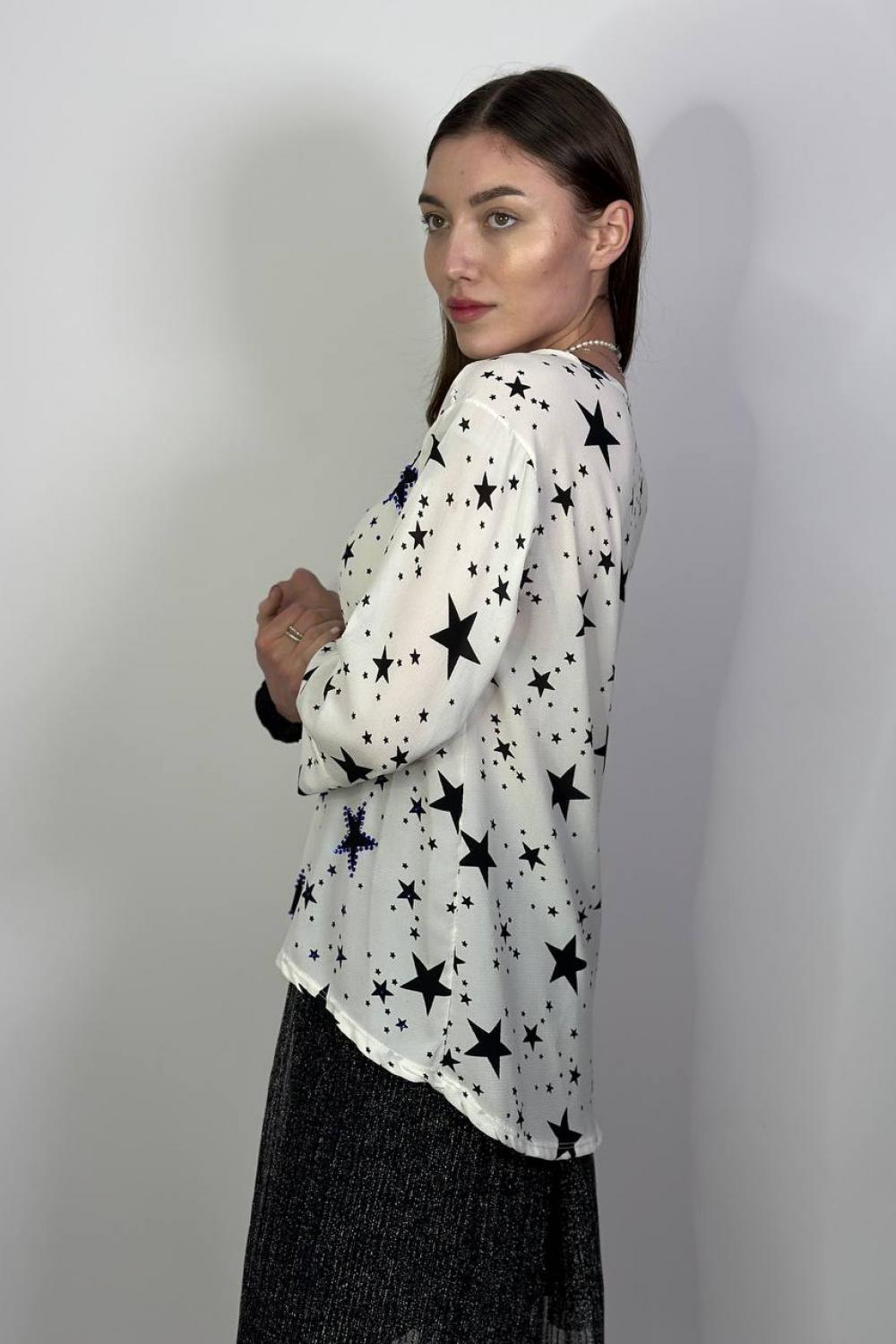 Blouse is printed with blue rhinestones