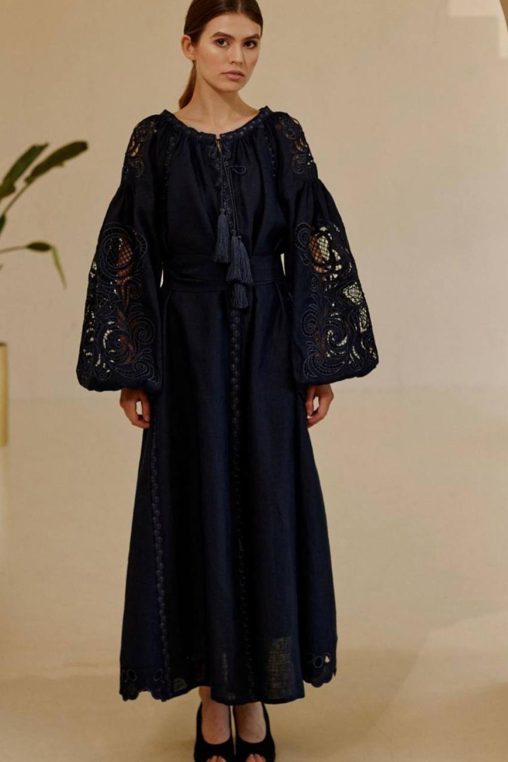 Embroidered GEM women's black Richelieu linen dress