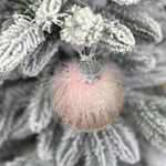 Christmas tree ball 8 cm, transparent in pink tones of fluff and feather decor