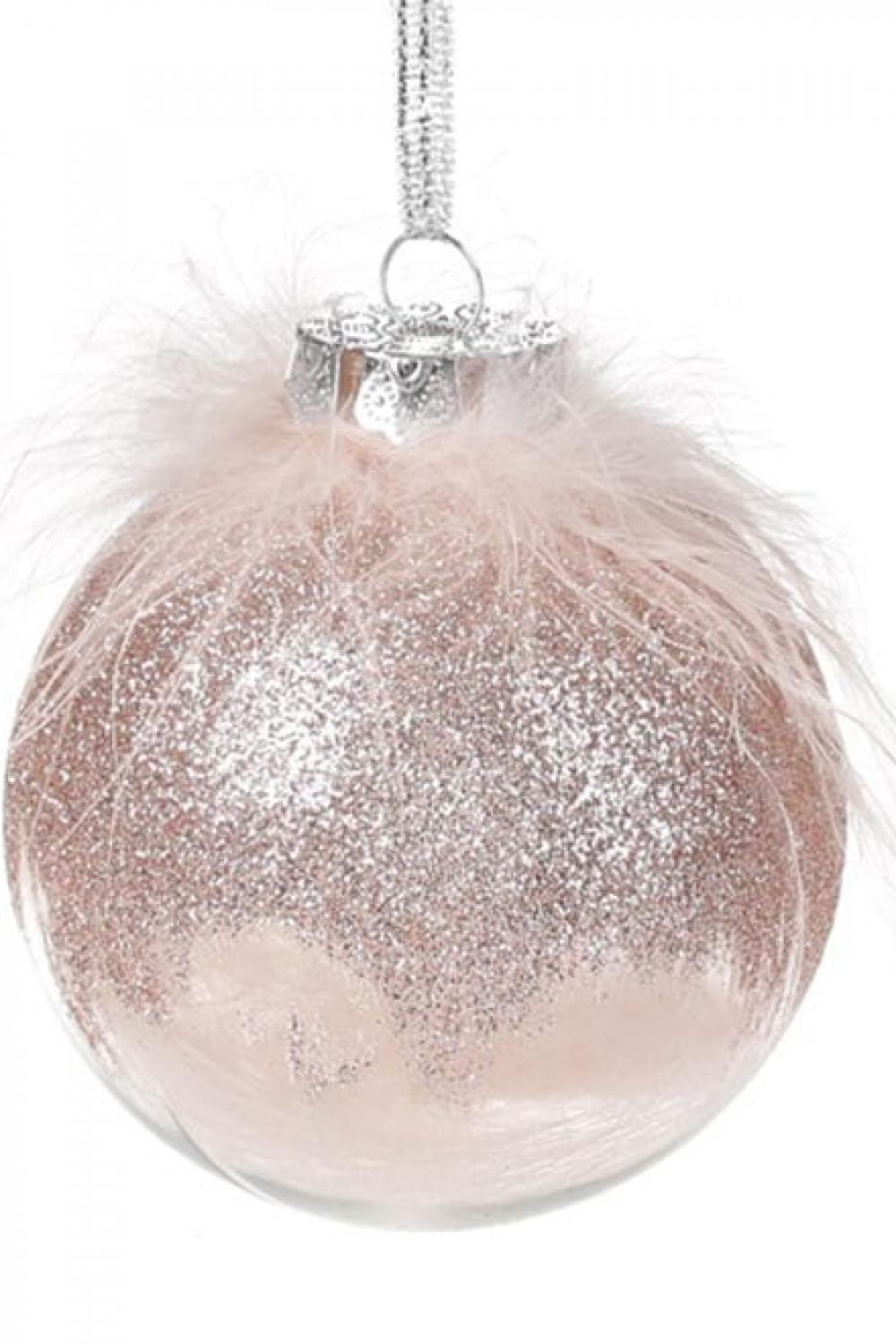 Christmas tree ball 8 cm, transparent in pink tones of fluff and feather decor
