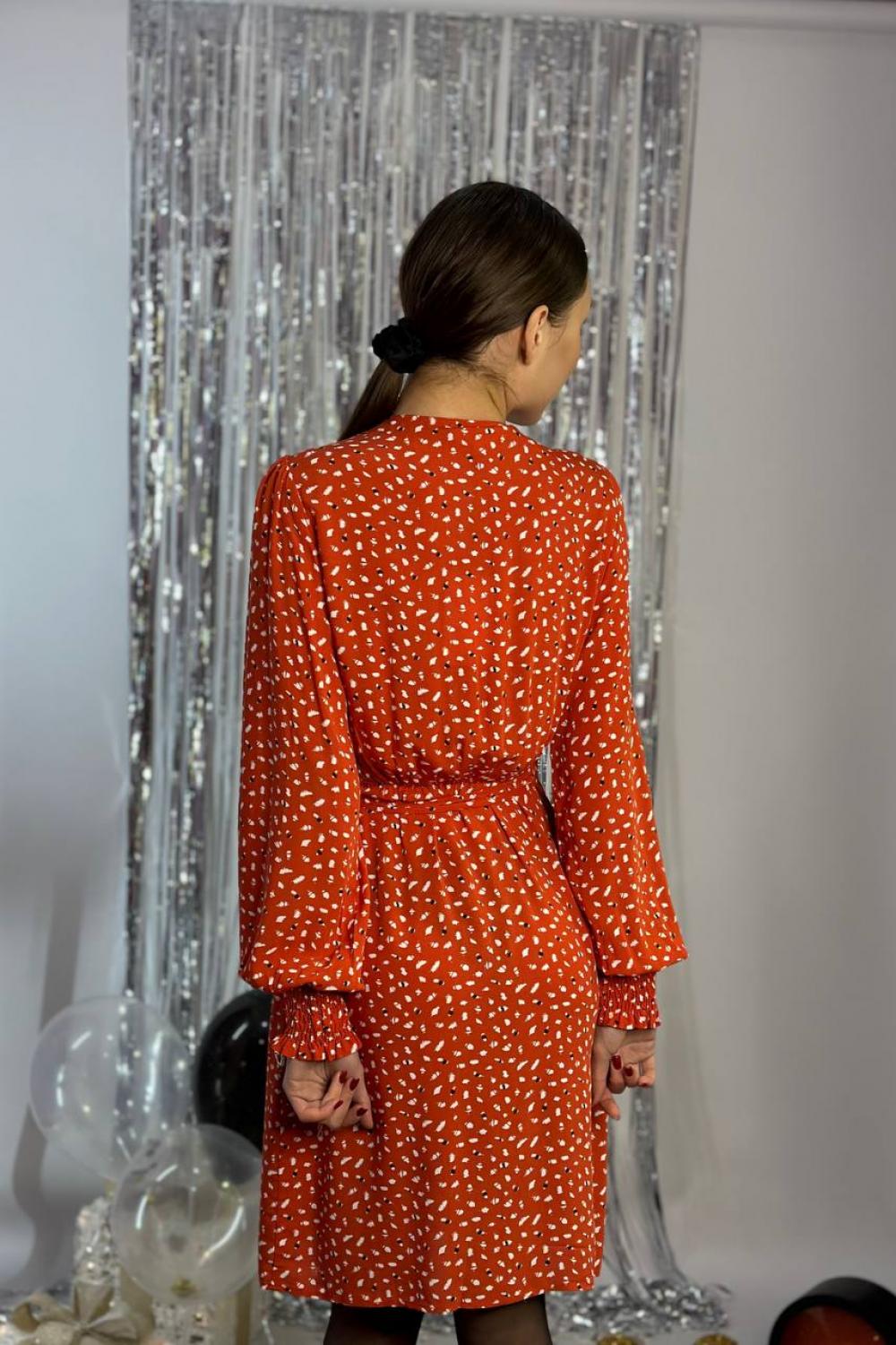 Orange wrap dress with print 20AH517. France. Yuka Paris