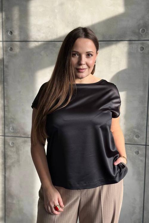 Black silk blouse with short sleeves and large slits 0006-72_black