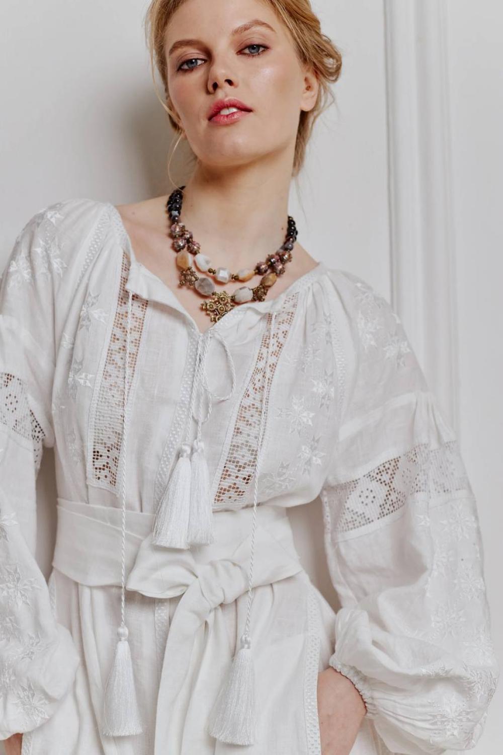 Women's white linen embroidered dress Natalka EMBROIDERED GEM