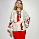 Women's beige embroidered jacket with red embroidery by Ruta MEREZHKA