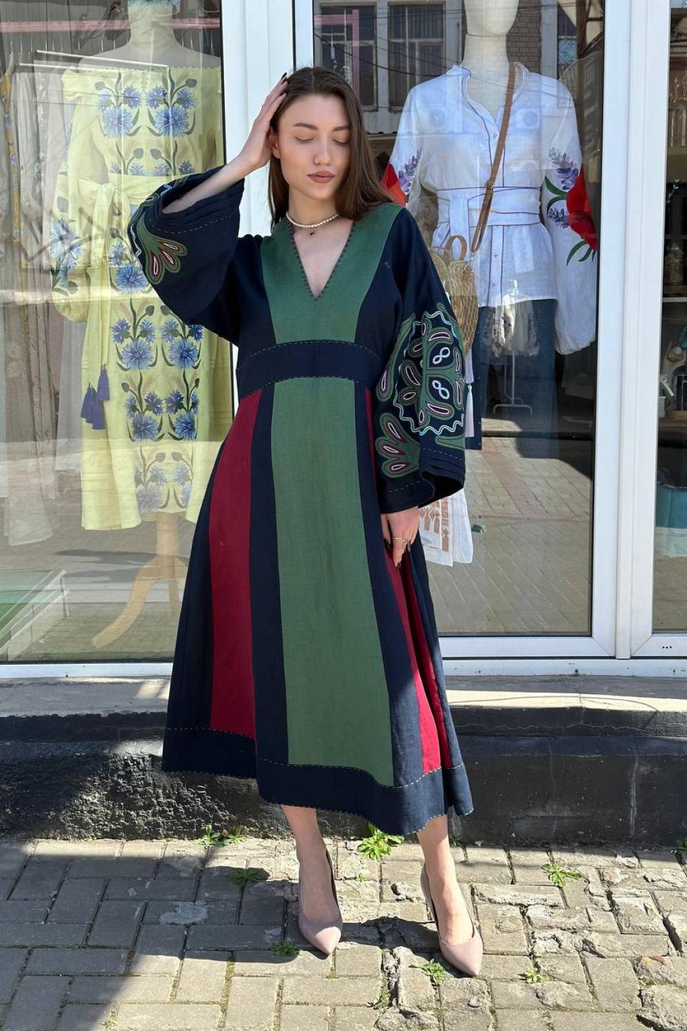 Embroidered blue-green dress Gelena EMBROIDERED GEM