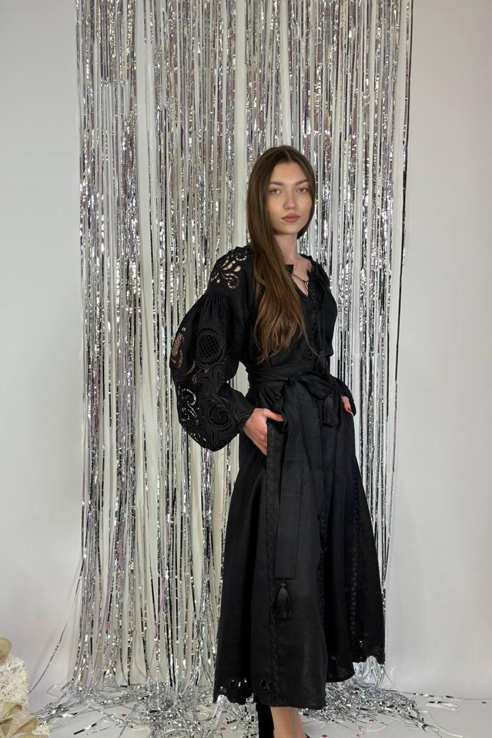 Embroidered GEM women's black Richelieu linen dress
