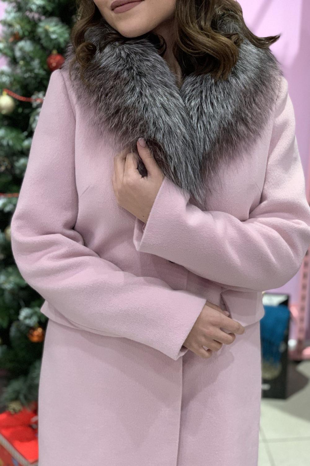 Пальто жіноче зимове вовняне рожеве з хутром чорнобурки Mirella moda