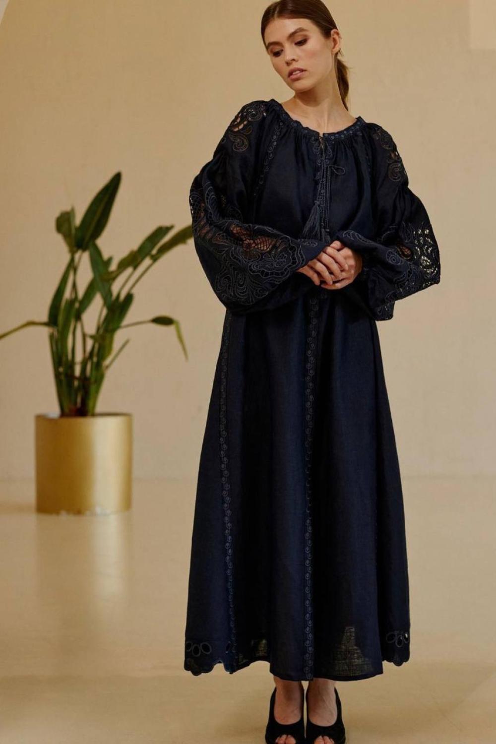 Embroidered GEM women's black Richelieu linen dress