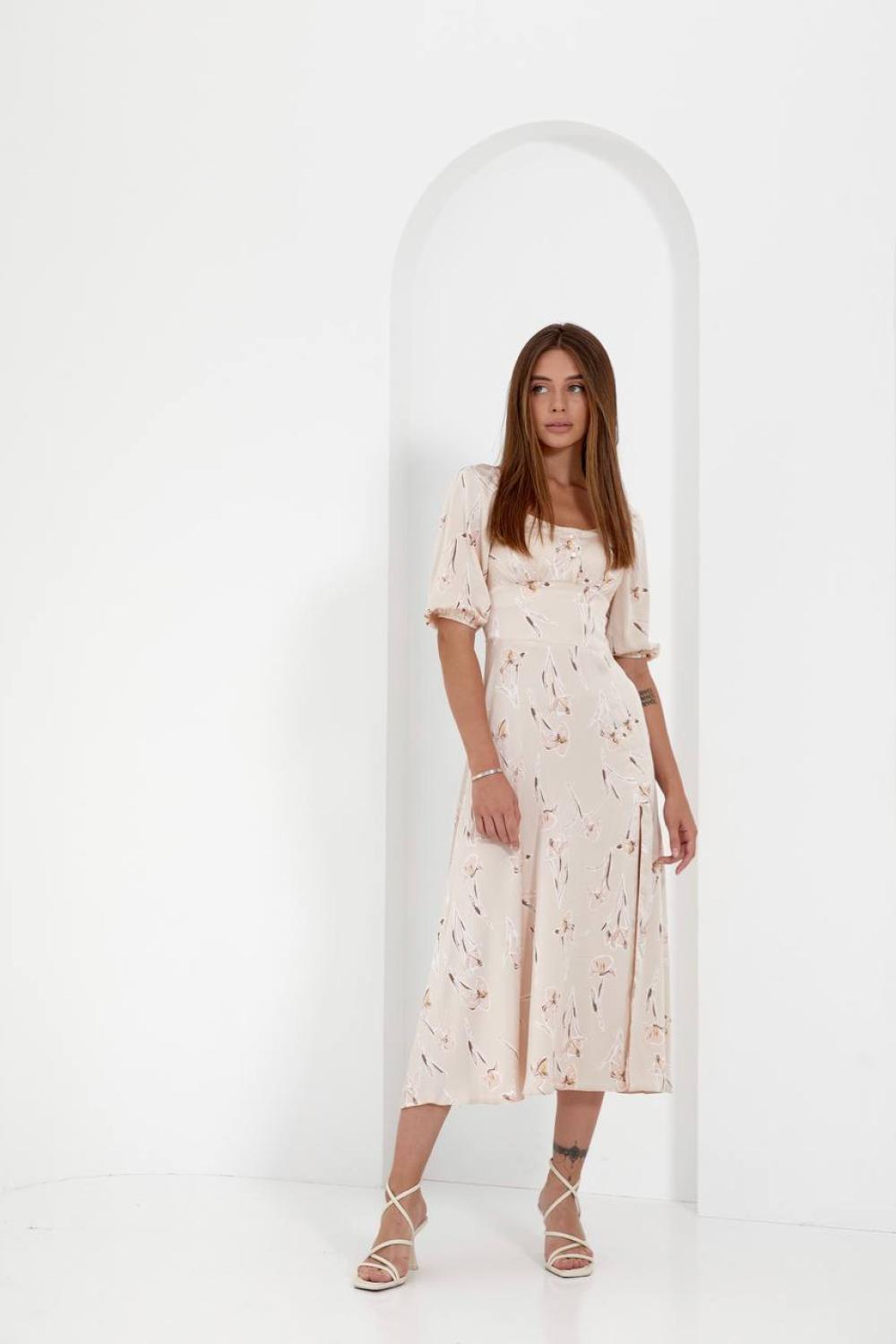 Beige silk dress in floral print