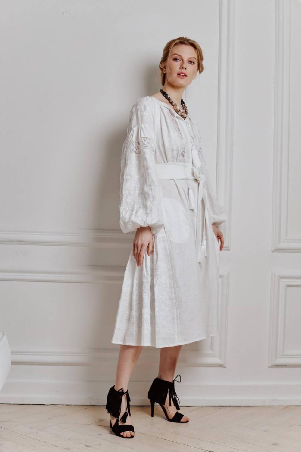 Women's white linen embroidered dress Natalka EMBROIDERED GEM
