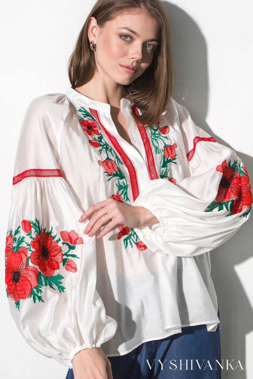 Designer light embroidered blouse with red flowers MAXA