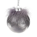 Christmas tree ball 8 cm, transparent in graphite tones of fluff and feather decor