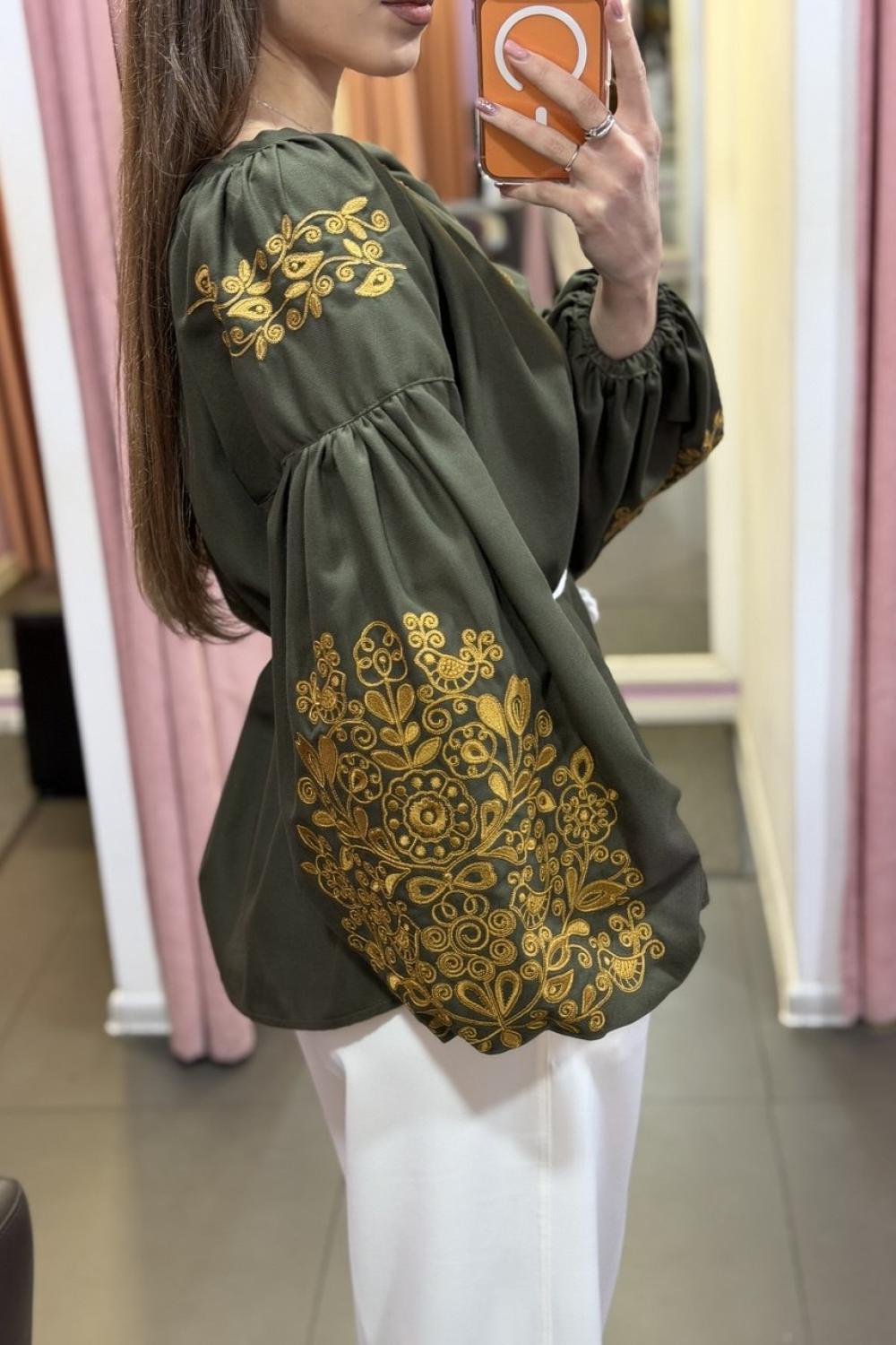 Women's khaki embroidered shirt with gold embroidery “NADIA”