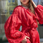 Embroidered women's linen Richelieu red EMBROIDEREDGEM dress