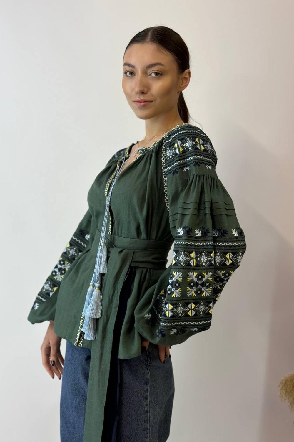 Вишиванка жіноча лляна смарагдова EMBROIDERED GEM