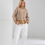 Long striped sweater in mixed yarn with natural fibers