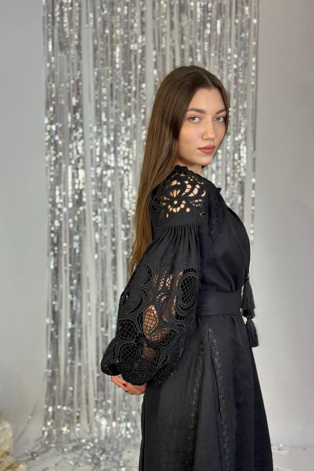 Embroidered GEM women's black Richelieu linen dress