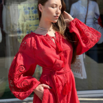 Embroidered women's linen Richelieu red EMBROIDEREDGEM dress
