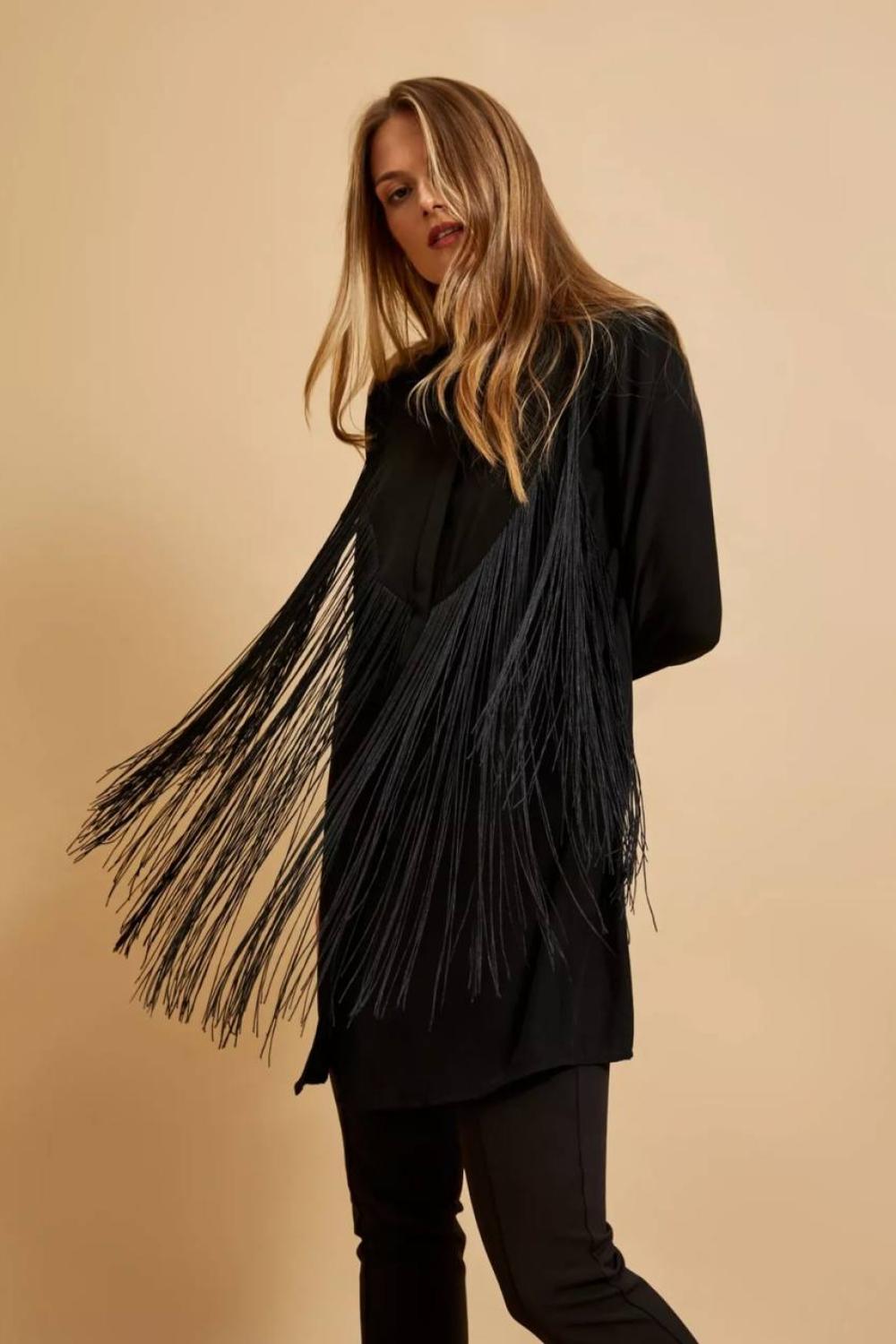 A black viscose shirt with a decorated collar