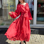 Embroidered women's linen Richelieu red EMBROIDEREDGEM dress